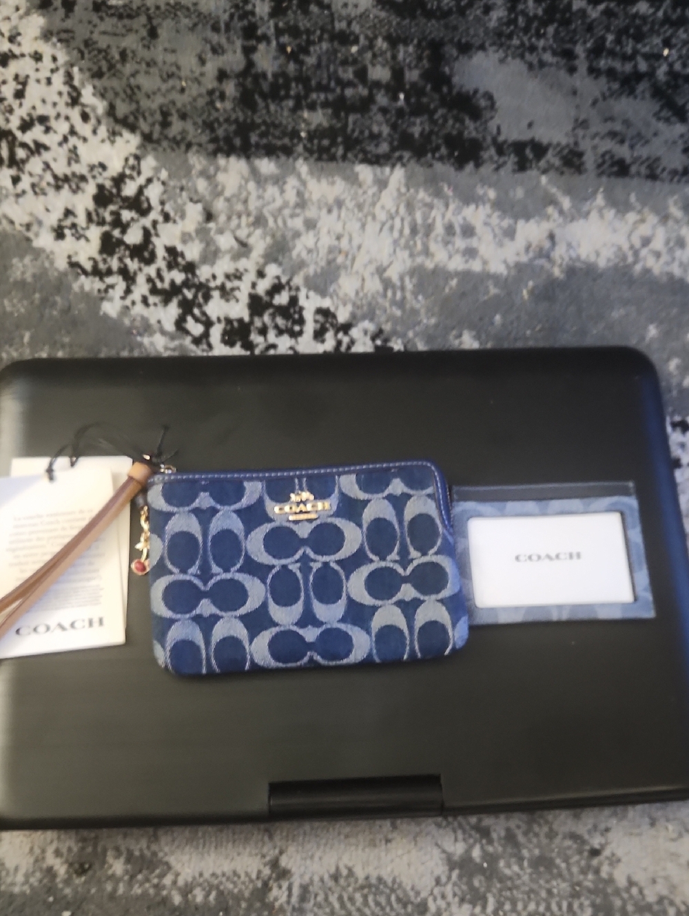 2 Piece Coach Blue Jacquard Signature Wristlet with Gold Logo
